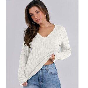 CUPSHE Women's Long Sleeve V Neck Cable Knit Sweater Jumper 2024 Fall Pullover S